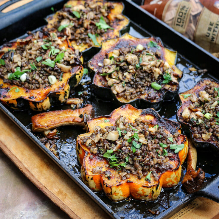 Maple Smoked Acorn Squash with Smoky Mushroom Lentils