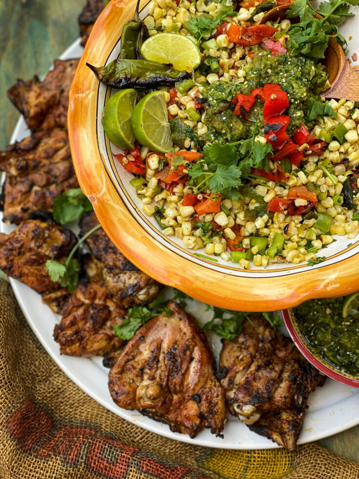 Smoked Chicken Thighs with Charred Corn Salad and Salsa Verde