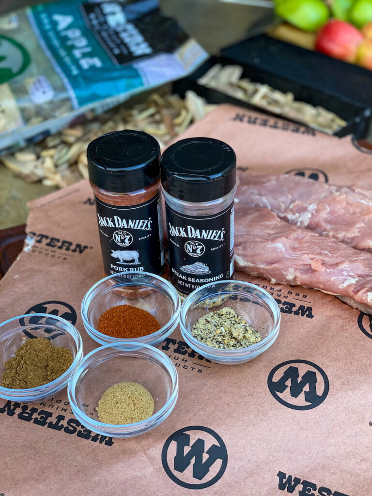 A simple rub of Jack Daniel's Pork Rub and Steak Seasoning are mixed with Chinese Five Spice and garlic.