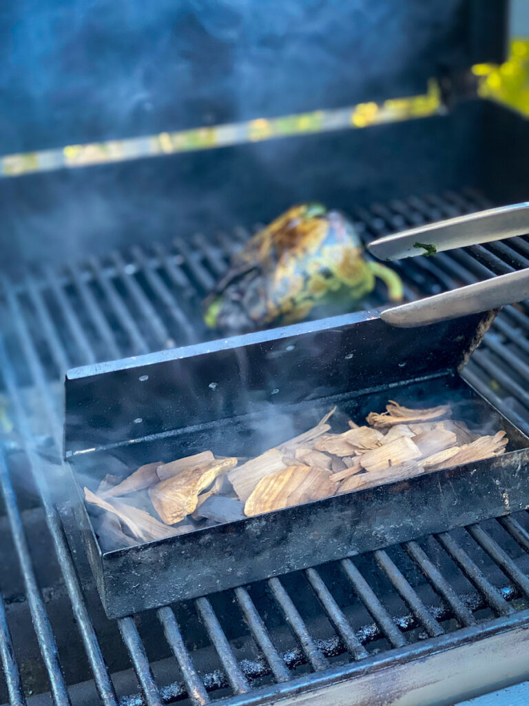 Charred Poblano on Grill with smoker box.