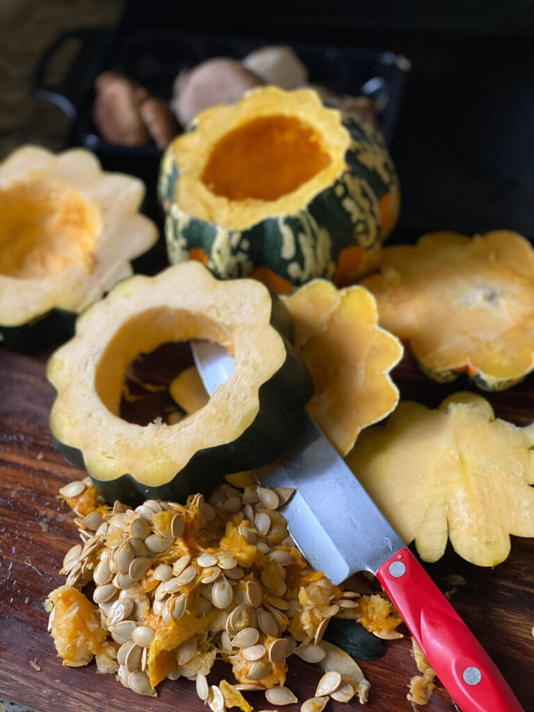 Cut 1-inch acorn squash rings with a Chefs Knife.
