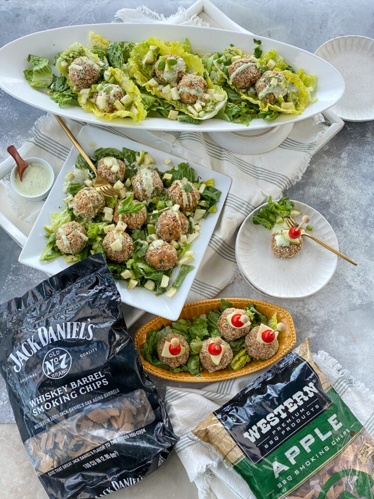 Whiskey Barrel and Apple Chips with 3 ways to serve smoked chicken meatballs.