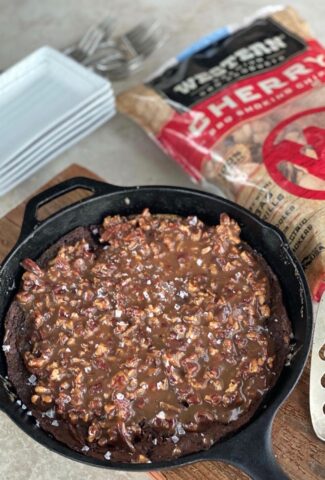 Brownies in a cast iron pan which show Cherry Smoking Chips as how to infuse flavor.