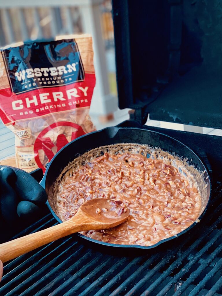 Caramel Pecan Sauce on a grill with Western Cherry Smoking Chips.