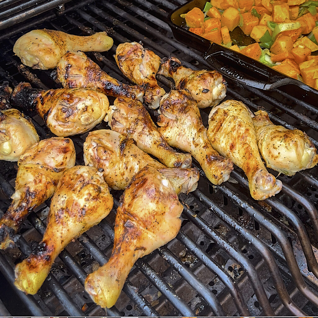 Drumsticks on a grill over direct high heat to get a crispy skin. 