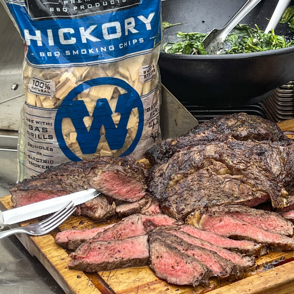 Sliced steaks show the pink center and indicating a perfect cook. 