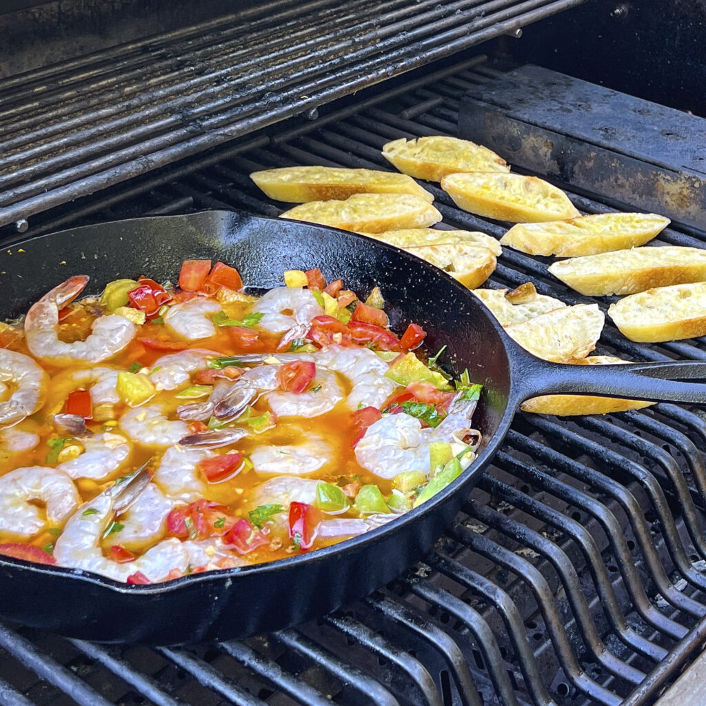 CAST IRON SHRIMP GRILLED ON A WEBER KETTLE 