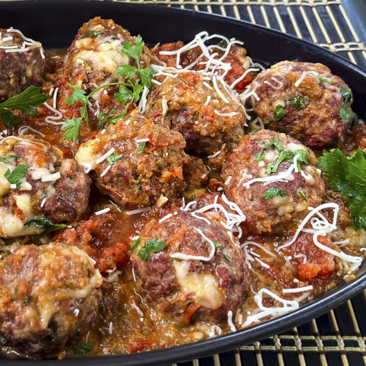 Smoked Italian All Beef Meatballs are in a serving dish ready to eat.