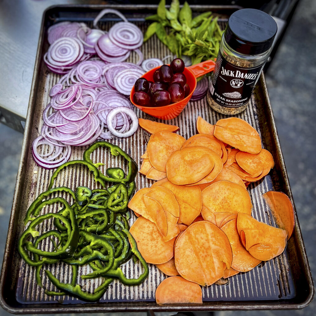 Thinly sliced sweet potatoes with poblano, red onion, 1 cup of grapes and seasoning. 