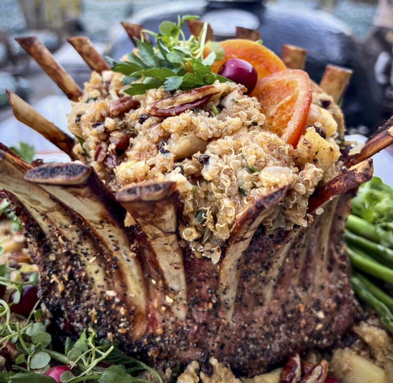 Crown of Lamb with quinoa pilaf and oranges. 