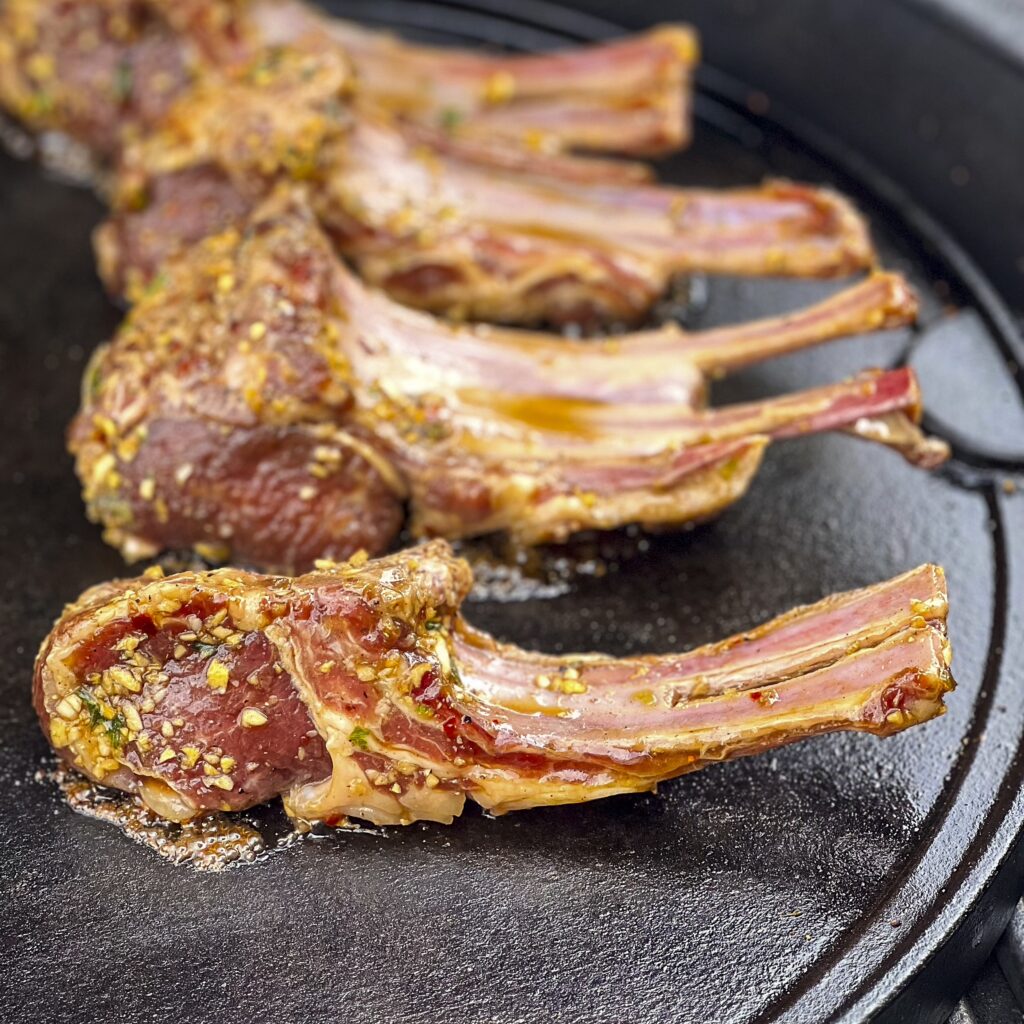 Lamb chops are grilling on the fatty side on top of a cast iron skillet. 