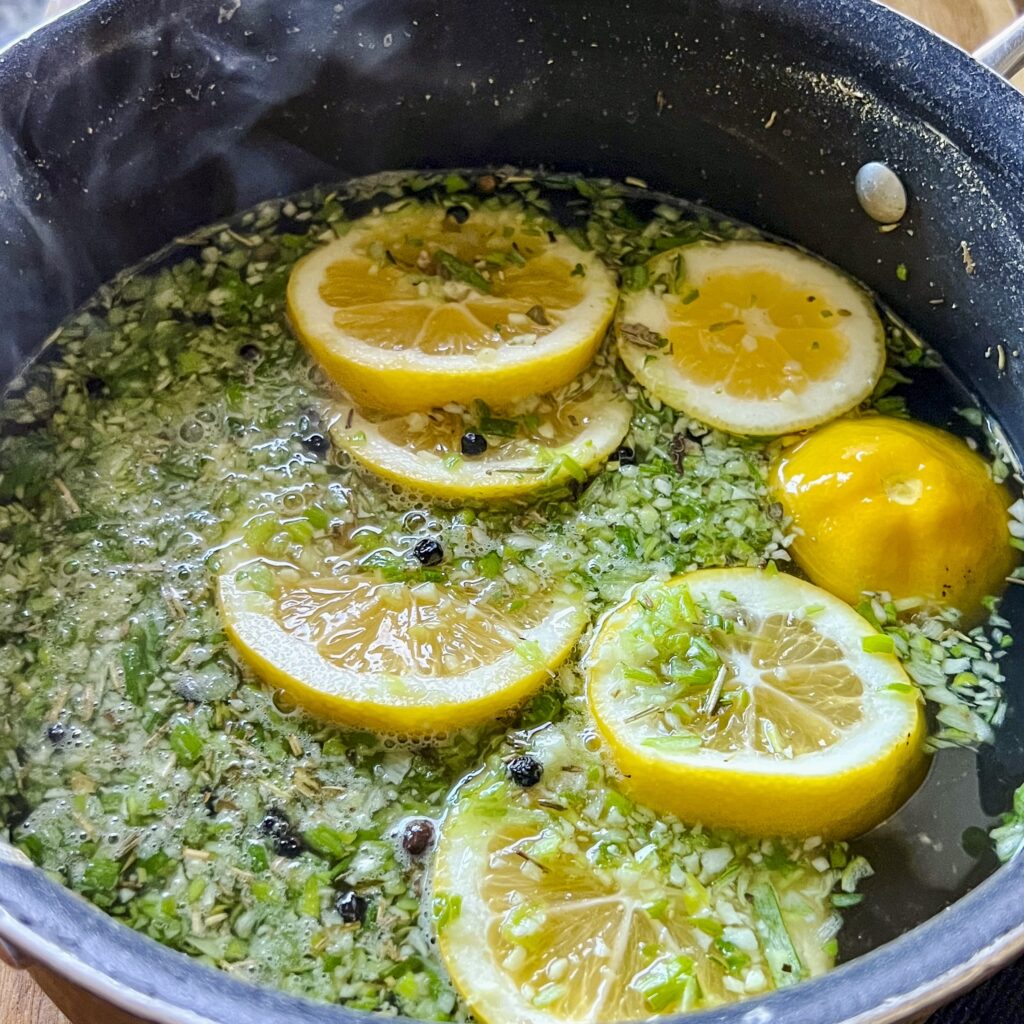 Lemons and herbs in brine. 