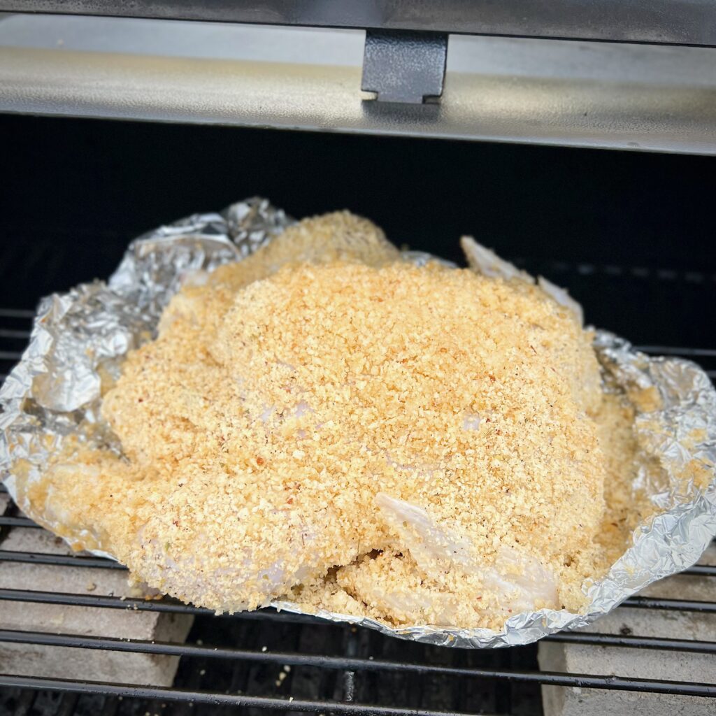 Parmesan Panko cooking on a Pellet Grill.