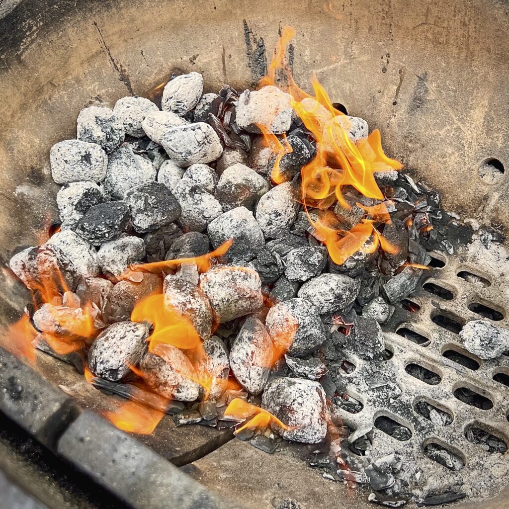 Fire is on the coals ready for smoked trout.