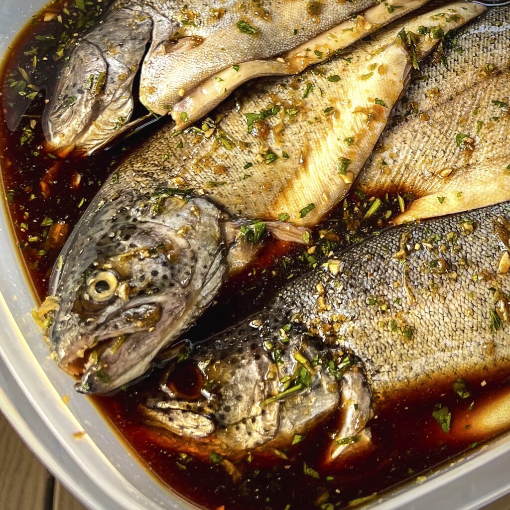 Trout are in a soy sauce base. 